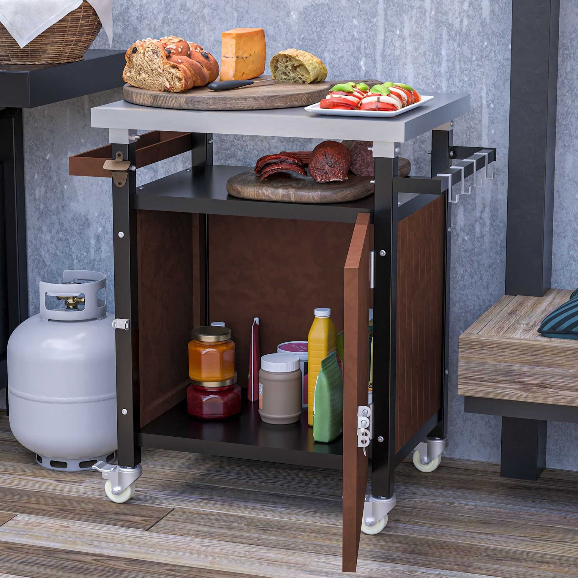 Outdoor Grill Cart with Stainless Steel Tabletop, Storage, Patio Kitchen Island with Wheels, Hooks, and Spice Rack, Waterproof Outdoor Grill Table, Movable BBQ Serving Cart Rolling Bar Cart - luxuryhomedecoridea.com