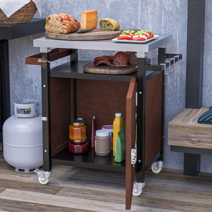 Outdoor Grill Cart with Stainless Steel Tabletop, Storage, Patio Kitchen Island with Wheels, Hooks, and Spice Rack, Waterproof Outdoor Grill Table, Movable BBQ Serving Cart Rolling Bar Cart - luxuryhomedecoridea.com