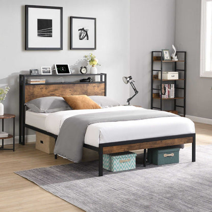 Queen Size Metal Platform Bed Frame with Wooden Headboard and Footboard with USB LINER, No Box Spring Needed, Large Under Bed Storage, Easy Assemble - luxuryhomedecoridea.com