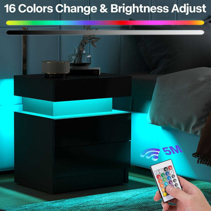 Modern Wood Black Nightstand for Bedroom Furniture with LED Light 2 Drawers Flipping Top Storage Bedside Table - luxuryhomedecoridea.com
