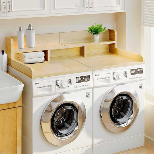 Washer Dryer Countertop with Non-slip Pads, Laundry Wood Shelf Topper with Edge, 54" Width x 27.5" Depth Double Layer Organizer for Washer and Dryer Laundry Hamper Counter Storage Organization (OAK) - luxuryhomedecoridea.com