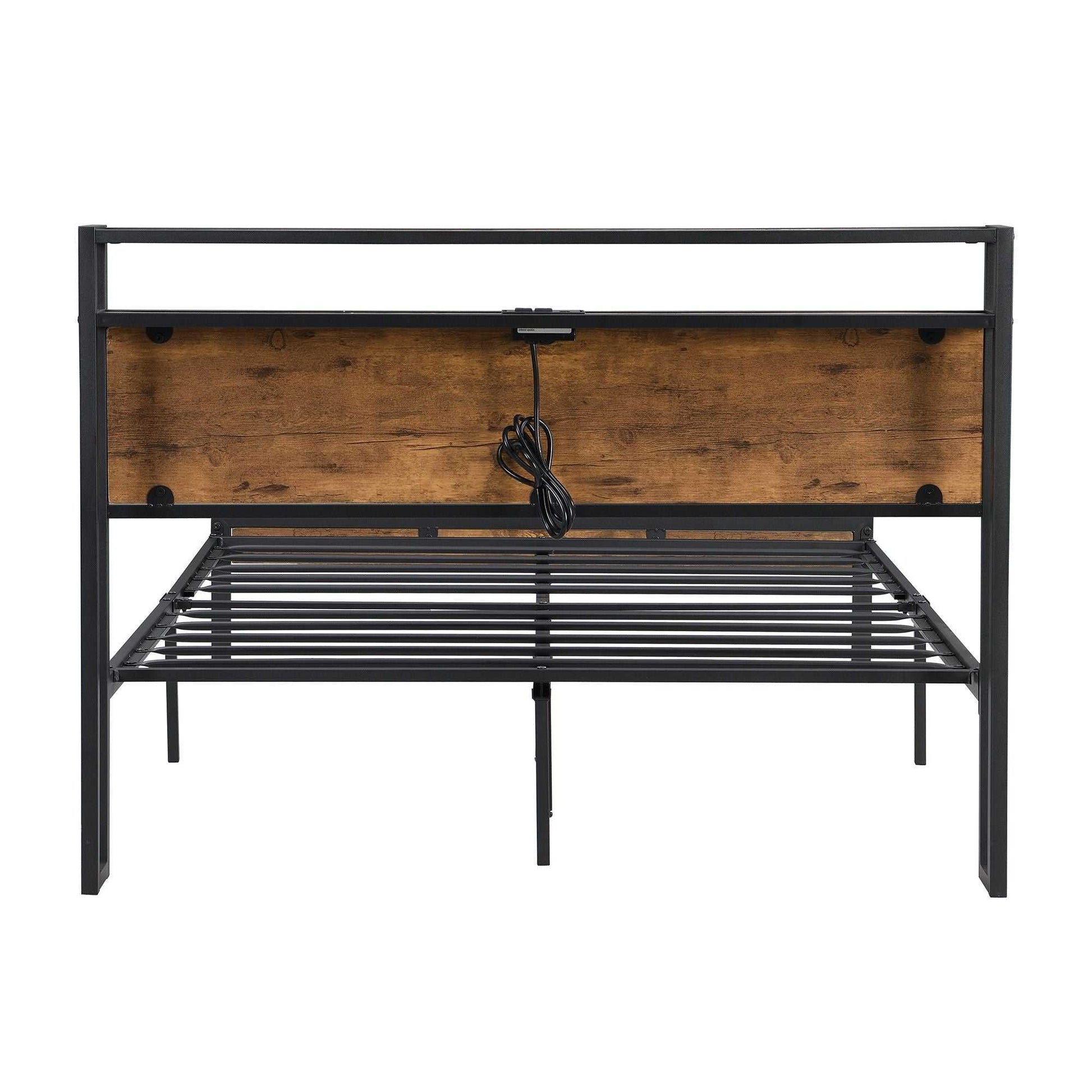 Queen Size Metal Platform Bed Frame with Wooden Headboard and Footboard with USB LINER, No Box Spring Needed, Large Under Bed Storage, Easy Assemble - luxuryhomedecoridea.com