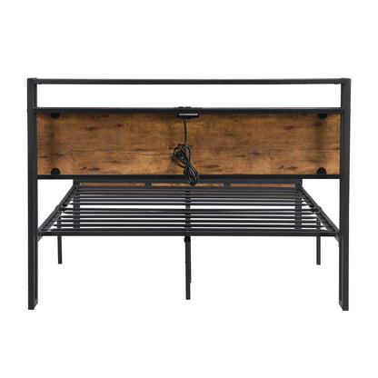 Queen Size Metal Platform Bed Frame with Wooden Headboard and Footboard with USB LINER, No Box Spring Needed, Large Under Bed Storage, Easy Assemble - luxuryhomedecoridea.com