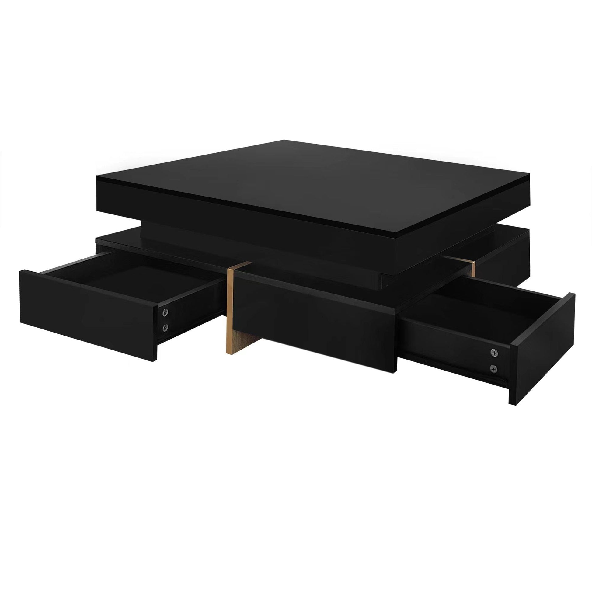 ON-TREND Modern High Gloss Coffee Table with 4 Drawers, Multi-Storage Square Cocktail Tea Table with Wood Grain Legs, Center Table for Living Room, 31.5''x31.5'', Black - luxuryhomedecoridea.com