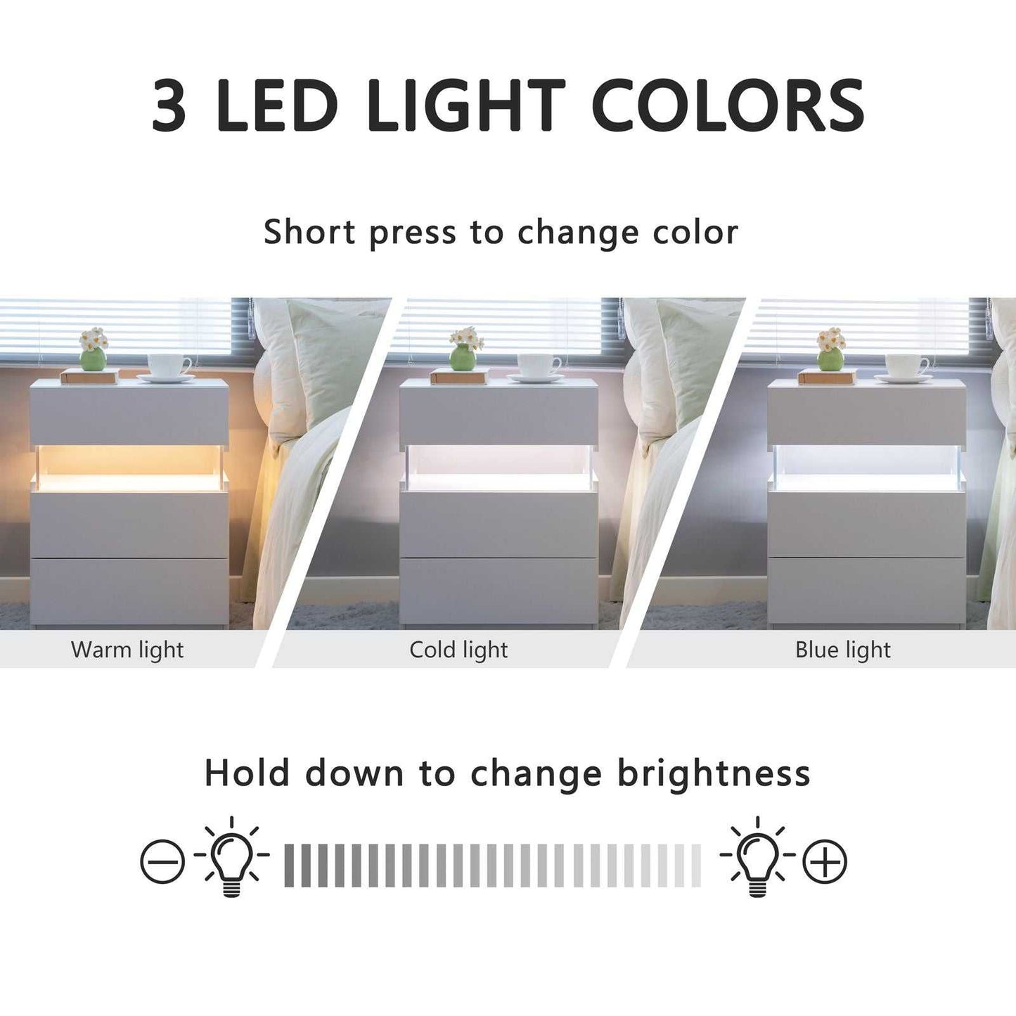 LED Nightstands 3 Drawer Dresser for Bedroom End Table with Acrylic Board LED Bedside Tables for Bedroom Living Room Bedside Furniture (White) - luxuryhomedecoridea.com