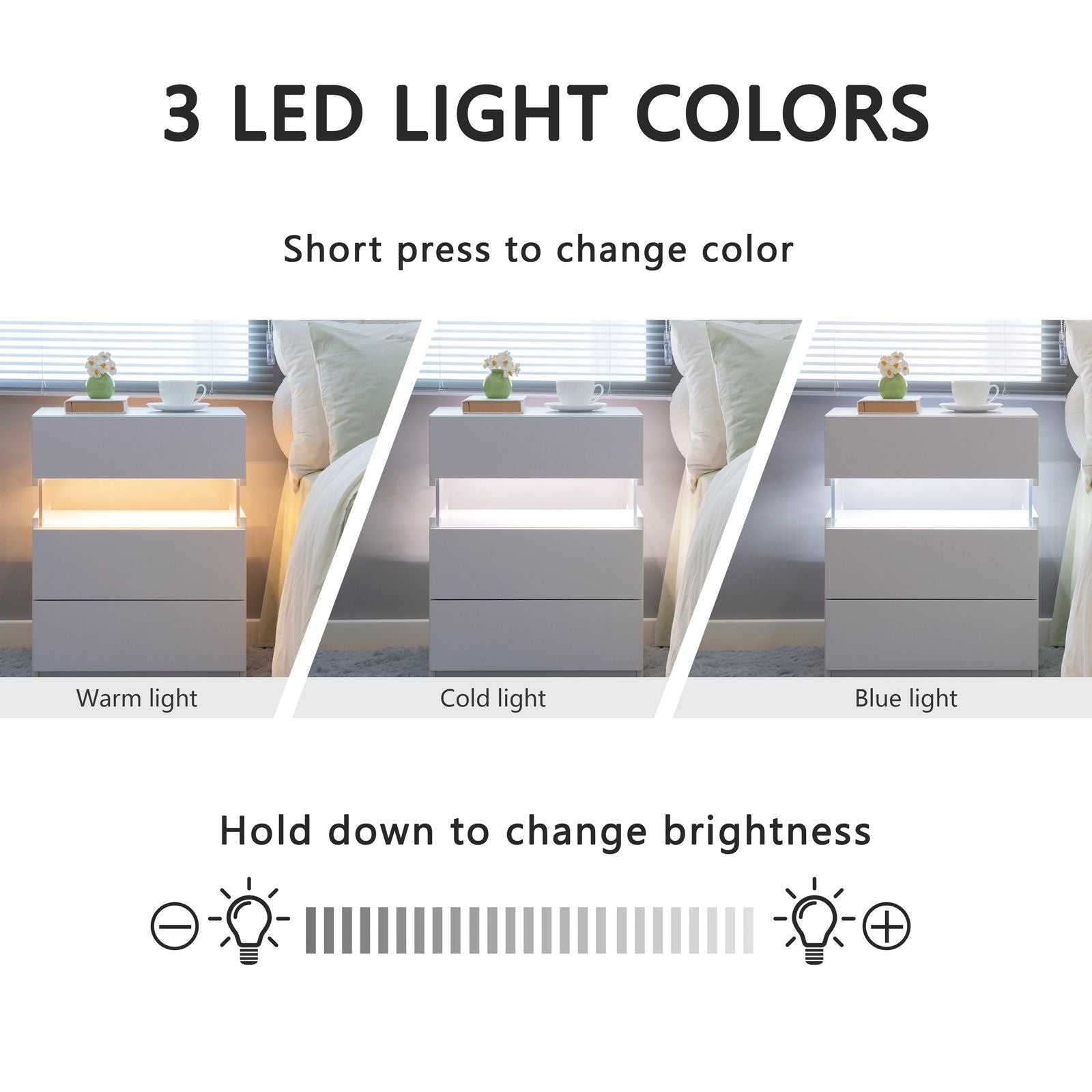 LED Nightstands 3 Drawer Dresser for Bedroom End Table with Acrylic Board LED Bedside Tables for Bedroom Living Room Bedside Furniture (White) - luxuryhomedecoridea.com