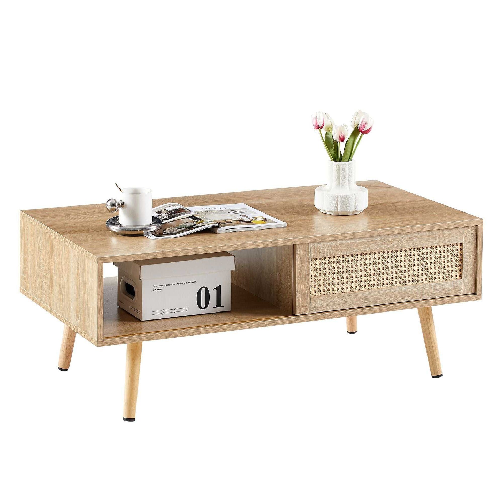 41.34" Rattan Coffee table, sliding door for storage, solid wood legs, Modern table for living room - luxuryhomedecoridea.com