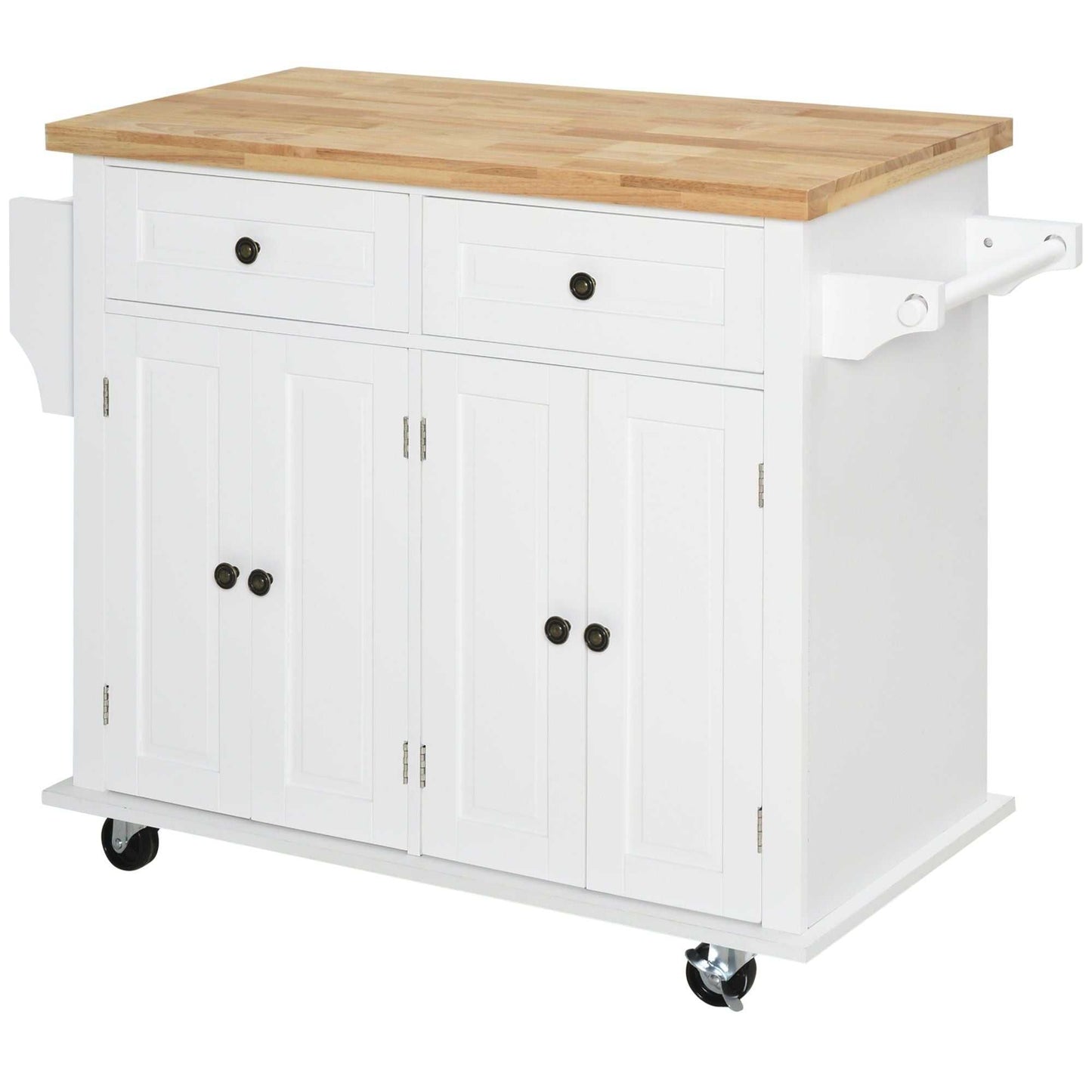 Rolling Kitchen Cart, White, Wood Top, Spice/Towel Rack, Storage Drawers, Movable Dining Room Trolley - luxuryhomedecoridea.com
