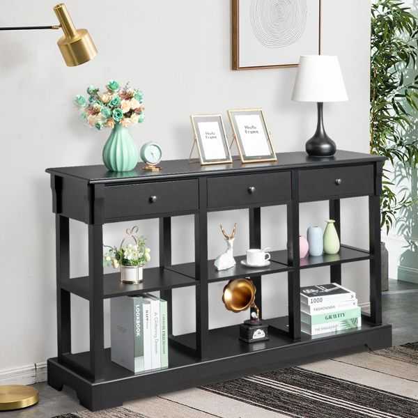 Console Sofa Table with Ample Storage; Retro Kitchen Buffet Cabinet Sideboard with Open Shelves and 3 Drawers; Accent Storage Cabinet for Entryway/Living Room Black Color - luxuryhomedecoridea.com