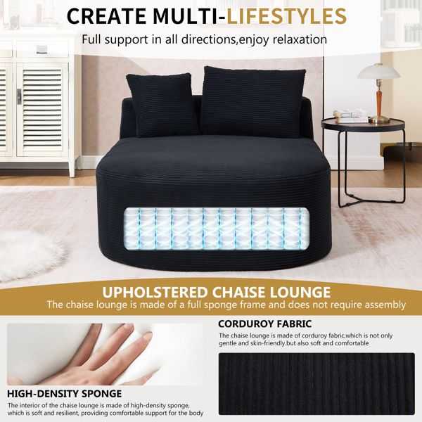 67.5''Chaise Lounge Chair 46'' Wide Seat Indoor Corduroy Oversized Sleeper Sofa for Living Room Deep Seat Lounge and Two Soft Pillows Convertible Boneless Sofa Bed, Black,No Assembly Required - luxuryhomedecoridea.com