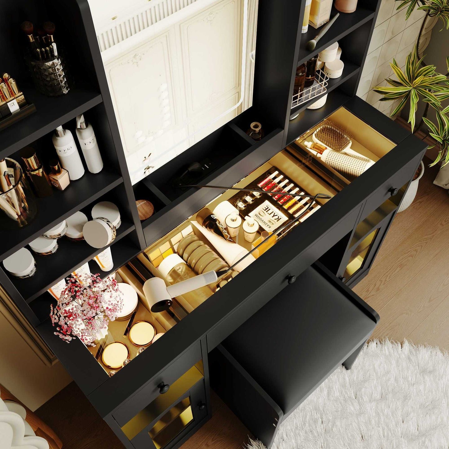 43.2" Vanity Desk with LED Mirror and Lights, Glass Top Vanity with RGB Glass Light Cabinets, Dressing Table with 3 Drawers ,Storage Shelves and Stool for Bedroom - luxuryhomedecoridea.com