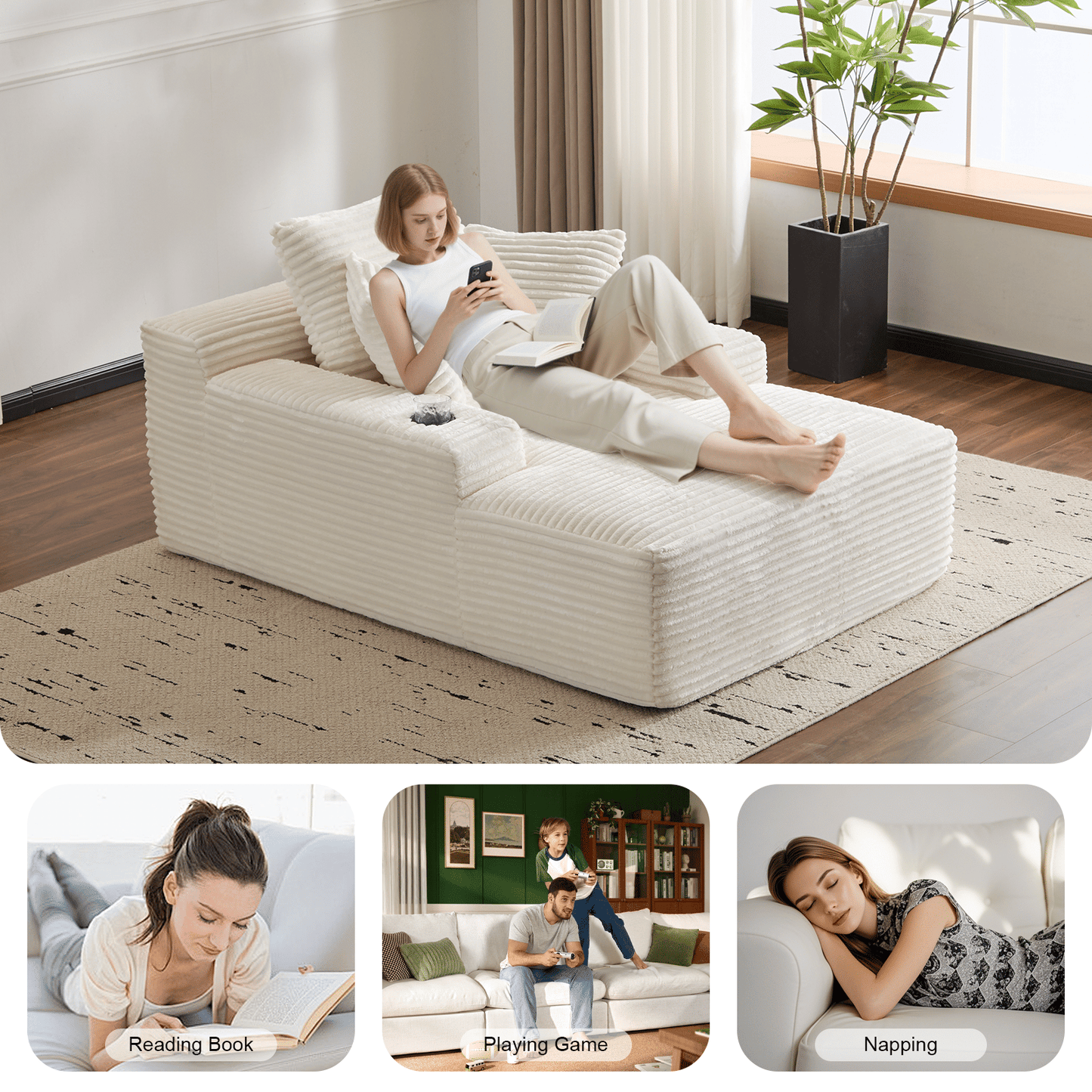 66" Oversized Corduroy Chaise Lounge Chair | Indoor Single Sleeper Sofa Bed with 3 Soft Pillows & Cup Holder - Modern Cloud Couch for Living Room/Office (White) - luxuryhomedecoridea.com