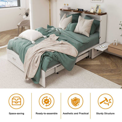 Queen Size Murphy Bed Frame with Drawers Murphy Chest Bed with Charging Station, 2 USB Ports Mobile Murphy Bed Sleeping Arrangement for Multipurpose Area for Bedroom Living Room Guest Room White&Wood - luxuryhomedecoridea.com