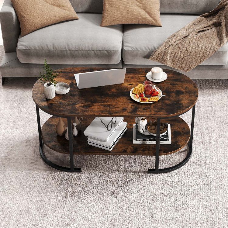Oval Coffee Table 2-Tier Wooden Accent Table with Spacious Tabletop and Open Storage Shelf luxury home decor