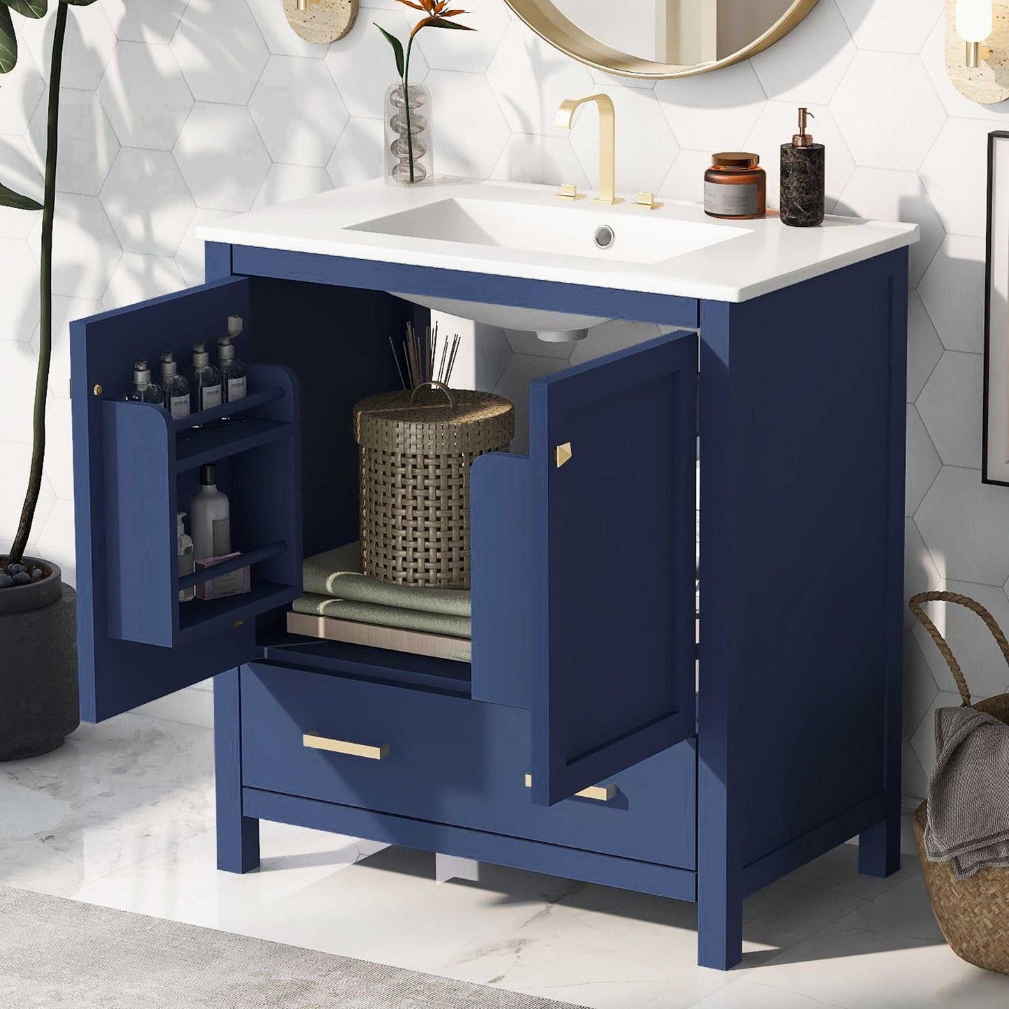 30" Bathroom Vanity with Single Sink, Combo Cabinet Undermount Sink, Bathroom Storage Cabinet with 2 Doors and a Drawer, Soft Closing, Multifunctional Storage, Solid Wood Frame - luxuryhomedecoridea.com