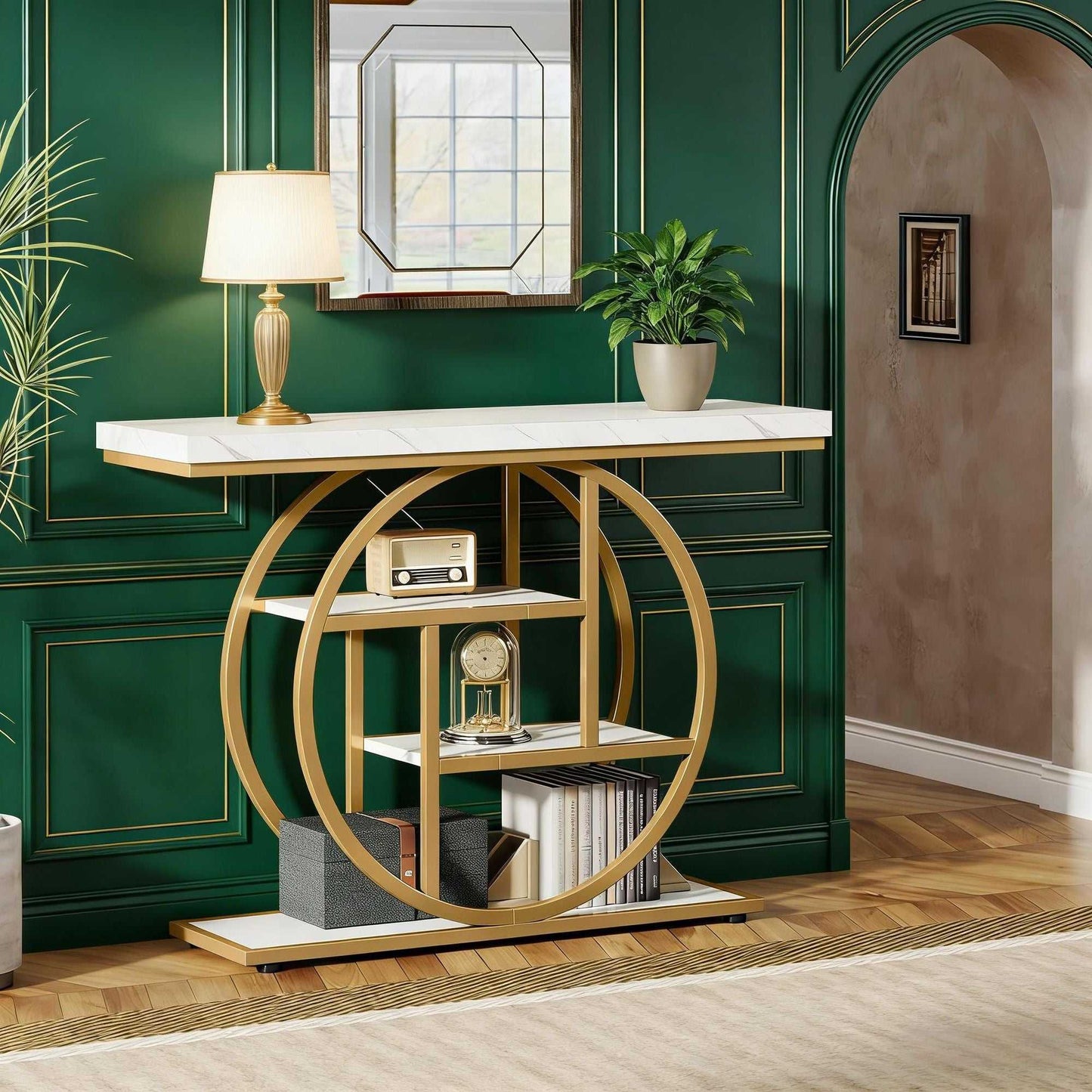 Console Table, Industrial 4-Tier Sofa Entryway Table with Circle Basew - luxuryhomedecoridea.com