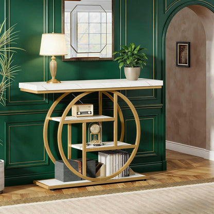Console Table, Industrial 4-Tier Sofa Entryway Table with Circle Basew - luxuryhomedecoridea.com