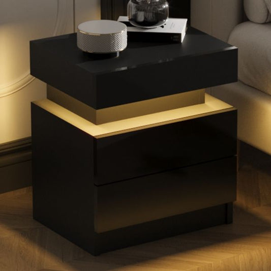 Modern Wood Black Nightstand for Bedroom Furniture with LED Light 2 Drawers Flipping Top Storage Bedside Table - luxuryhomedecoridea.com