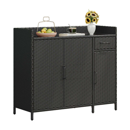 47.5"W Wicker Outdoor Storage Cabinet with Tempered Glass Desktop, Weather-proof Rattan Bar Table with Three Doors, Adjustable Shelf, and One Drawer, for Outdoor Cushions, Pool Toys - luxuryhomedecoridea.com