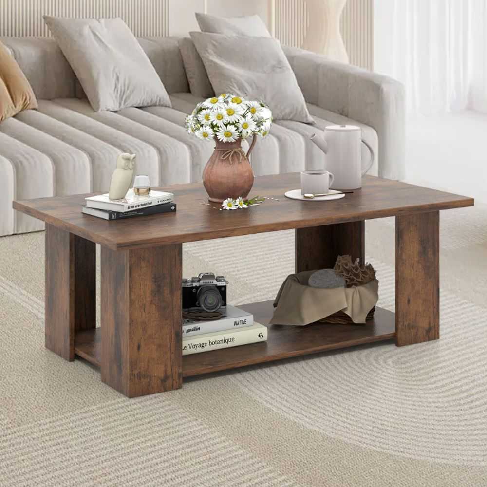 Large 41 Inch 2-tier Wooden Modern Coffee Table with Storage Shelf living room table - luxuryhomedecoridea.com