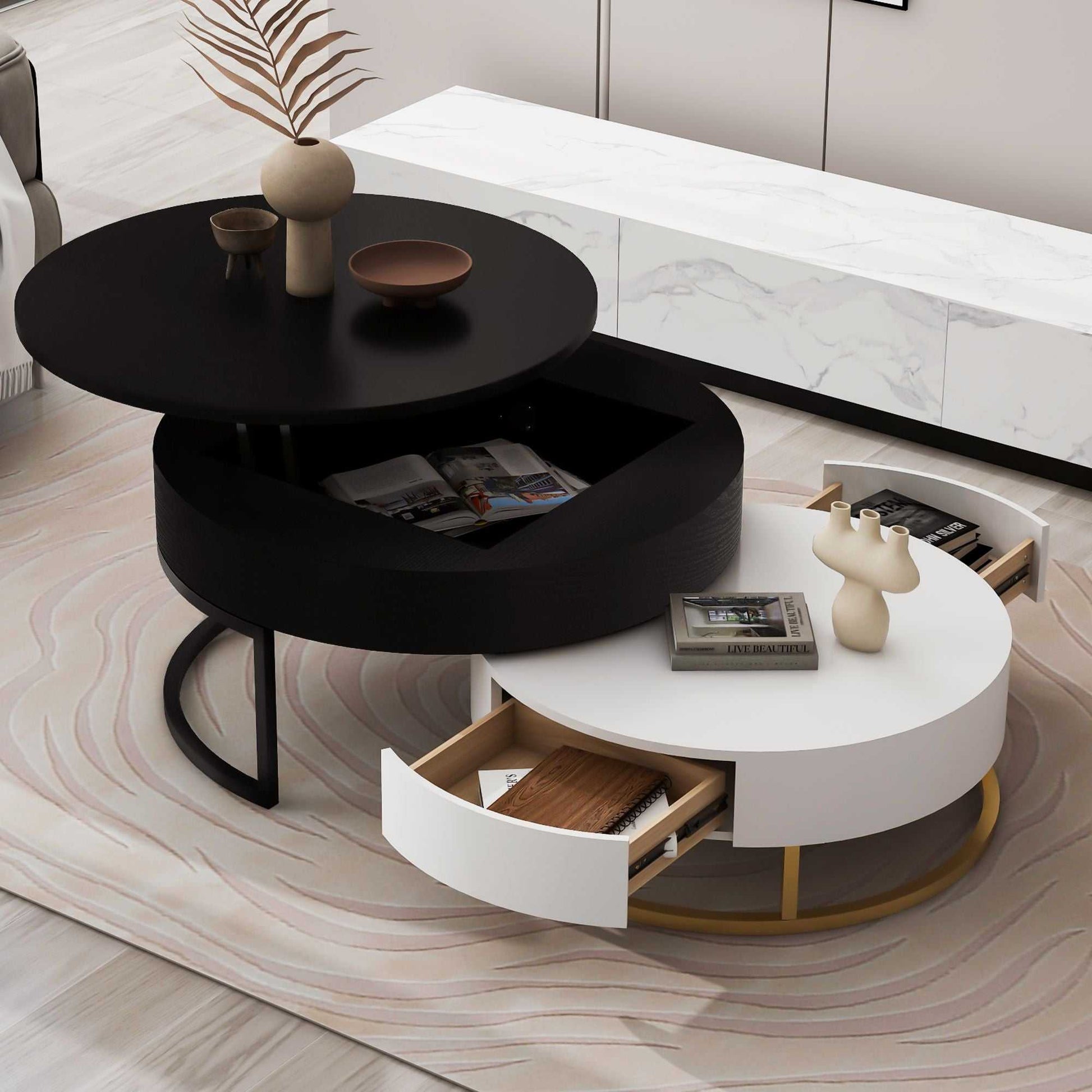Modern Round Lift-top Nesting Coffee Tables with 2 Drawers - luxuryhomedecoridea.com