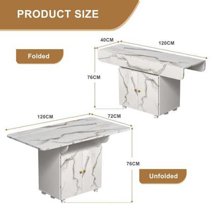 47" Wood Folding Dining Table with storage rack and cabinet, Removable Entryway Table with 6 Wheels, White Marble Color Kitchen Island, Side Table and Coffee Table Versatile Table Space Saving - luxuryhomedecoridea.com