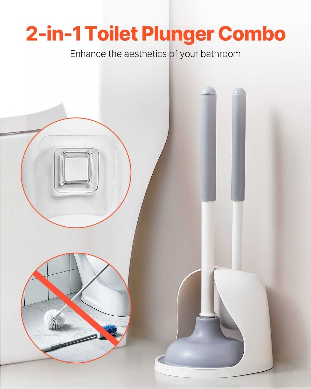 VEVOR Toilet Brush and Plunger Set, 2-in-1 Toilet Bowl Brush Plunger Combo with Ventilated Holder, 360° Deep Cleaning and Drip-Proof Bathroom Supplies, for Bathroom, RV and Toilets (White & Grey) - luxuryhomedecoridea.com