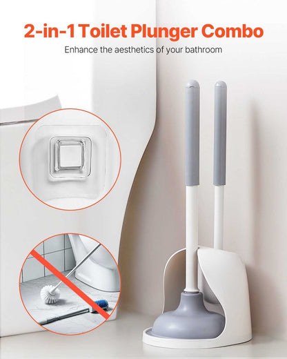 VEVOR Toilet Brush and Plunger Set, 2-in-1 Toilet Bowl Brush Plunger Combo with Ventilated Holder, 360° Deep Cleaning and Drip-Proof Bathroom Supplies, for Bathroom, RV and Toilets (White & Grey) - luxuryhomedecoridea.com
