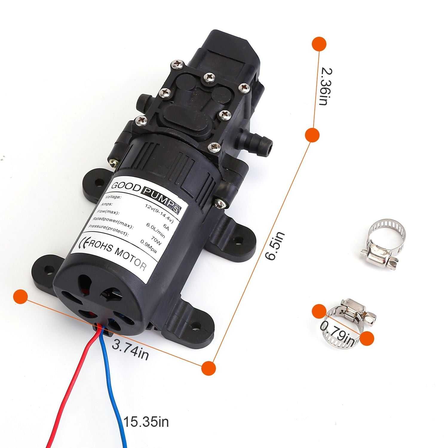 12V Water Pump with 2 Hose Clamps 130PSI Self Priming Sprayer Pump 70W Electric Diaphragm Water Pump 6L/Min for RV Camper Marine Boat - luxuryhomedecoridea.com