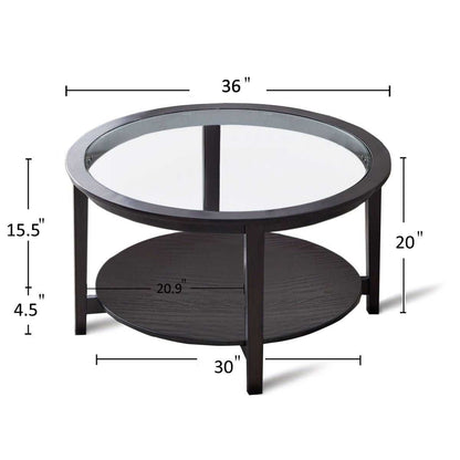 Modern Solid wood round coffee table with tempered glass top black color-36" - luxuryhomedecoridea.com