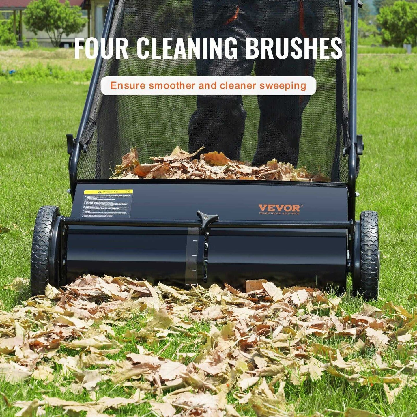 VEVOR Push Lawn Sweeper, 26-inch Leaf & Grass Collector, Strong Rubber Wheels & Heavy Duty Thickened Steel, Durable to Use with Large Capacity 7 cu. ft. Mesh Collection Hopper Bag, 4 Spinning Brushes - luxuryhomedecoridea.com
