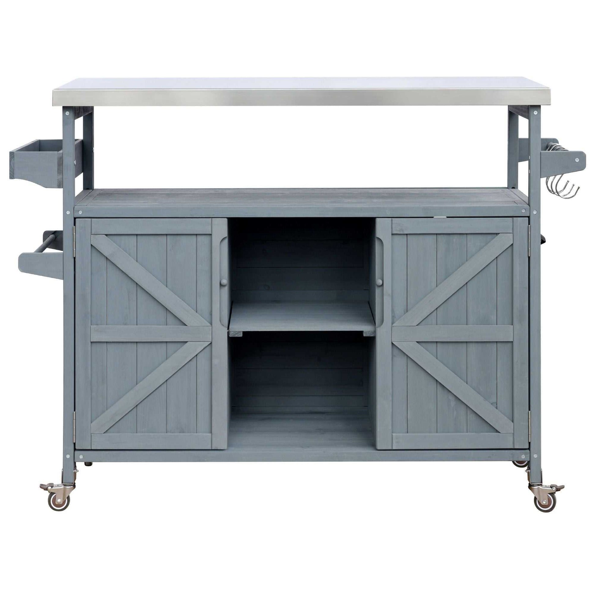 K&K Outdoor Kitchen Island, Rolling Bar Cart & Storage Cabinet, Farmhouse Solid Wood Outdoor Grill Table with Stainless Steel Top, Spice Rack , Towel Rack for Kitchen & BBQ , Grey Blue - luxuryhomedecoridea.com
