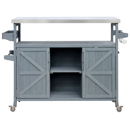 K&K Outdoor Kitchen Island, Rolling Bar Cart & Storage Cabinet, Farmhouse Solid Wood Outdoor Grill Table with Stainless Steel Top, Spice Rack , Towel Rack for Kitchen & BBQ , Grey Blue - luxuryhomedecoridea.com