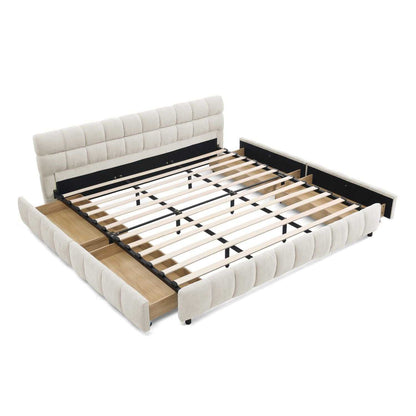 King Size Upholstered Bed ,comfortable upholstered bed frame, Chenille fabric, with headboard and solid bed frame. With drawer for storage.-Beige(88.5''*85.5''*31'') - luxuryhomedecoridea.com