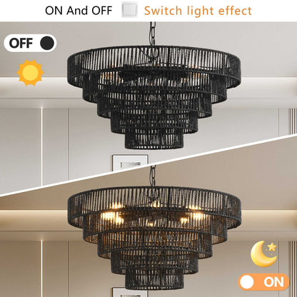 24" Rustic 5-Tier Black Hemp Rope Pendant Light Chandelier with 8 E12 Sockets, Boho Farmhouse Ceiling Fixture for Dining Room, Kitchen, or Entryway (Bulb Not Included) - luxuryhomedecoridea.com