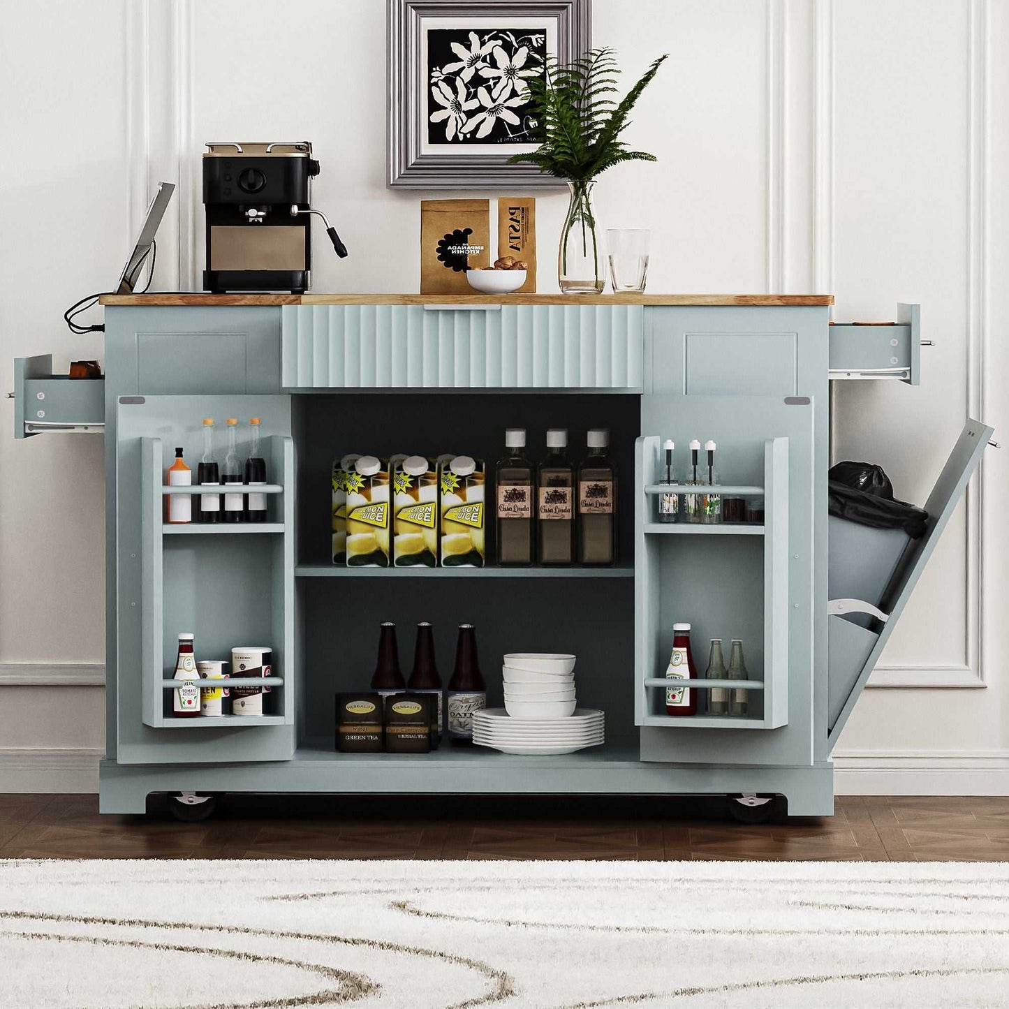 Fluted Kitchen Island with Trash Can Storage Cabinet, Power Outlet, Internal Storage Rack, Rolling Kitchen Islands on 5 Wheels with 3 Drawer, 3 Open Side Racks for 10 Gallon Garbage Bin - luxuryhomedecoridea.com