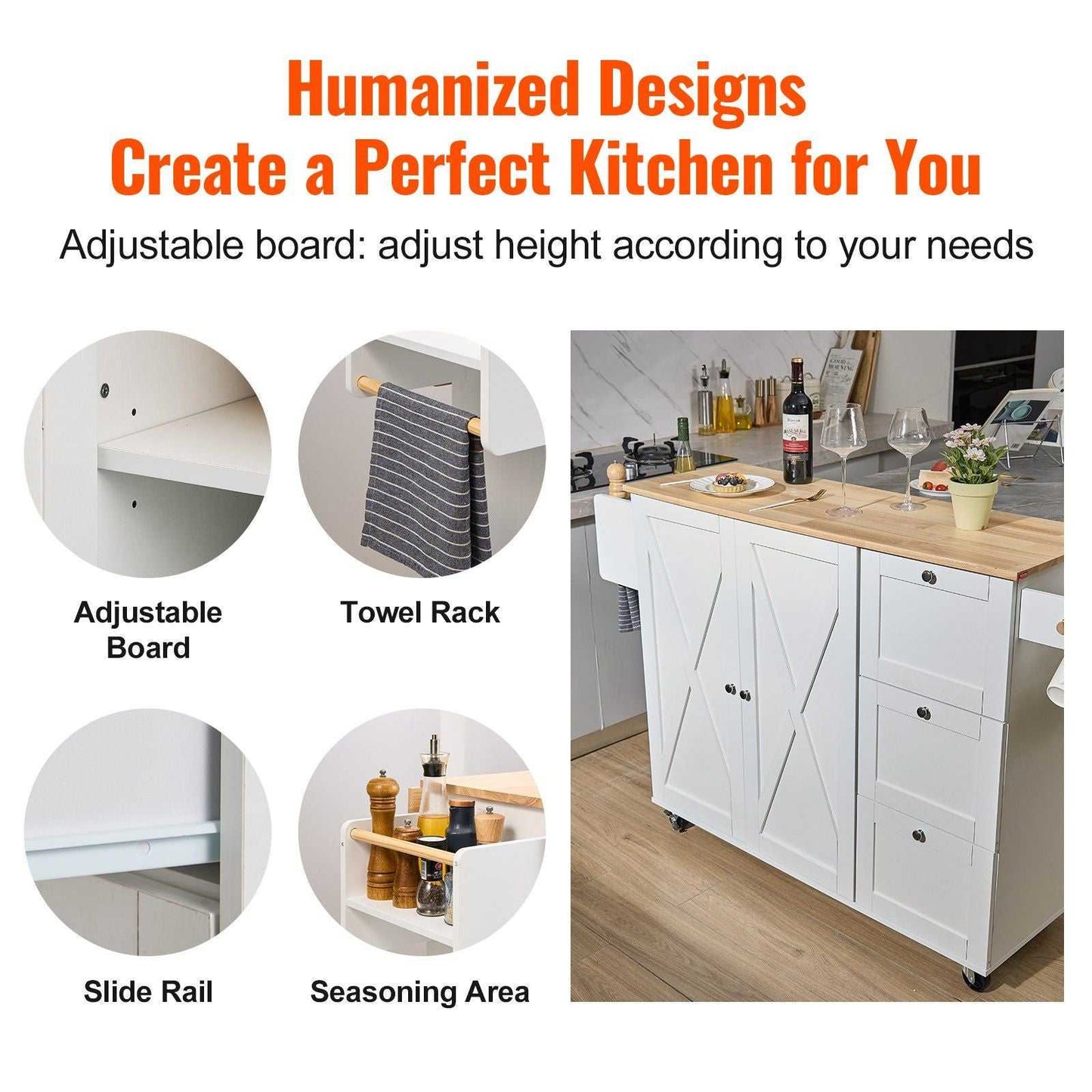 VEVOR Kitchen Island Cart with Solid Wood Top, 45.3" Width Mobile Carts with Storage Cabinet, Rolling Kitchen Table with Spice Rack, Towel Rack, Drop Leaf and Drawer, Portable Islands on Wheels, White - luxuryhomedecoridea.com
