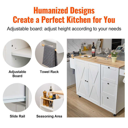 VEVOR Kitchen Island Cart with Solid Wood Top, 45.3" Width Mobile Carts with Storage Cabinet, Rolling Kitchen Table with Spice Rack, Towel Rack, Drop Leaf and Drawer, Portable Islands on Wheels, White - luxuryhomedecoridea.com