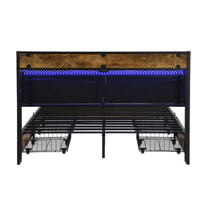 Queen Size Bed Frame, Storage Headboard with Charging Station and 4 Storage Drawers,LED Lights , Brown and Gray - luxuryhomedecoridea.com