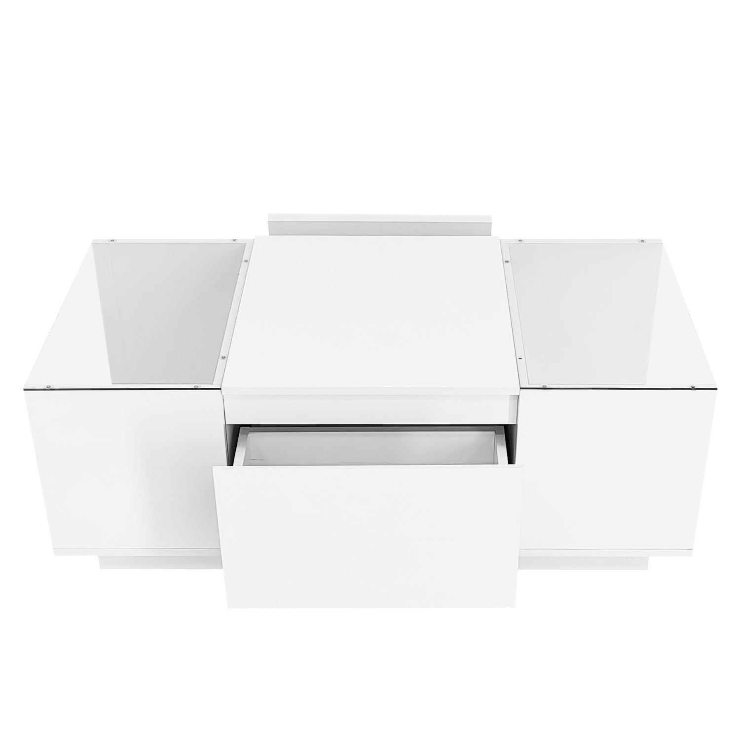 U-Can Led Coffee Table, Modern Center Table with High-Gloss Finish and Glass Tabletop, Coffee Table with Open Storage Compartment and 2 Hidden Drawers for Living Room - luxuryhomedecoridea.com