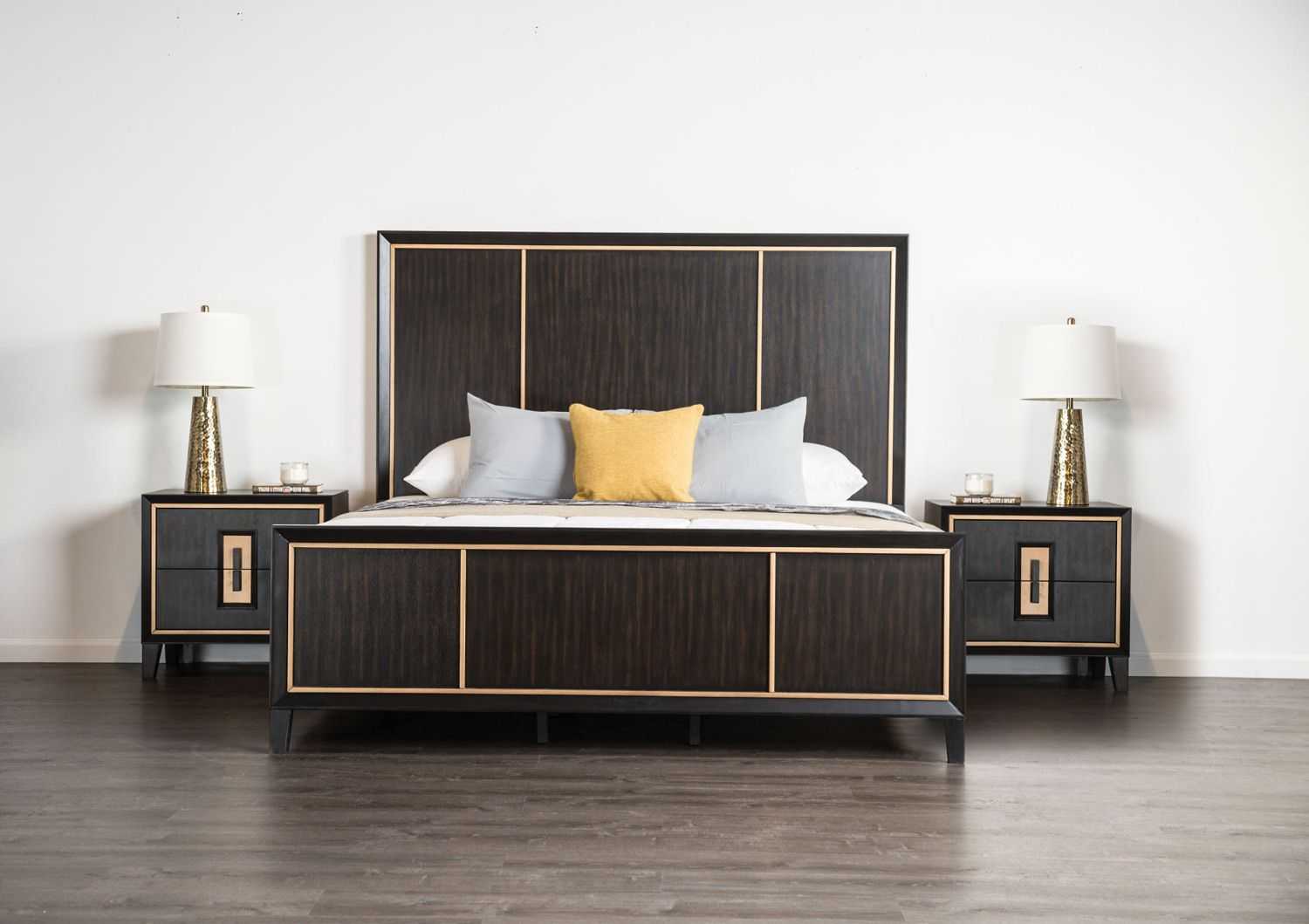 Modern Espresso Bedside Table Bedroom Furniture 1pc Nightstand Gold Accent Trim Wooden Finger Pull - luxuryhomedecoridea.com