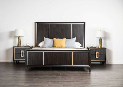 Modern Espresso Bedside Table Bedroom Furniture 1pc Nightstand Gold Accent Trim Wooden Finger Pull - luxuryhomedecoridea.com