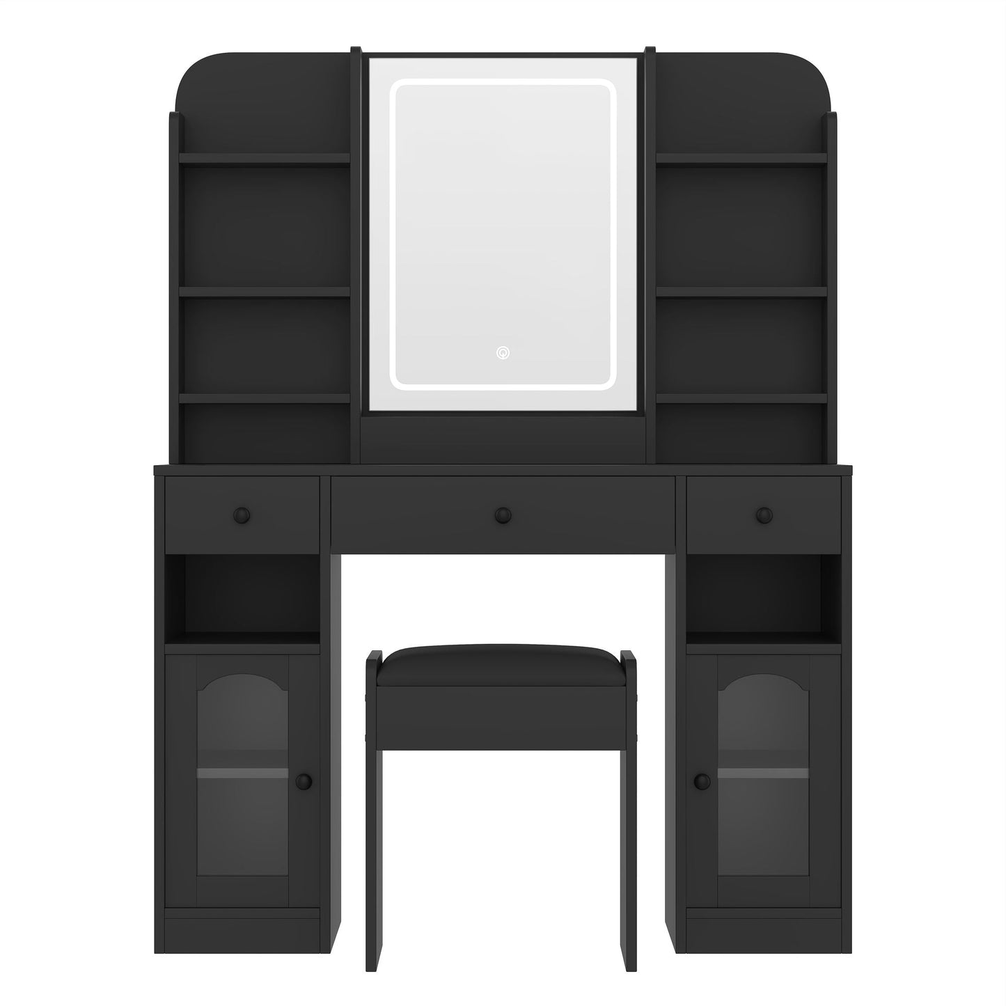 43.2" Vanity Desk with LED Mirror and Lights, Glass Top Vanity with RGB Glass Light Cabinets, Dressing Table with 3 Drawers ,Storage Shelves and Stool for Bedroom - luxuryhomedecoridea.com