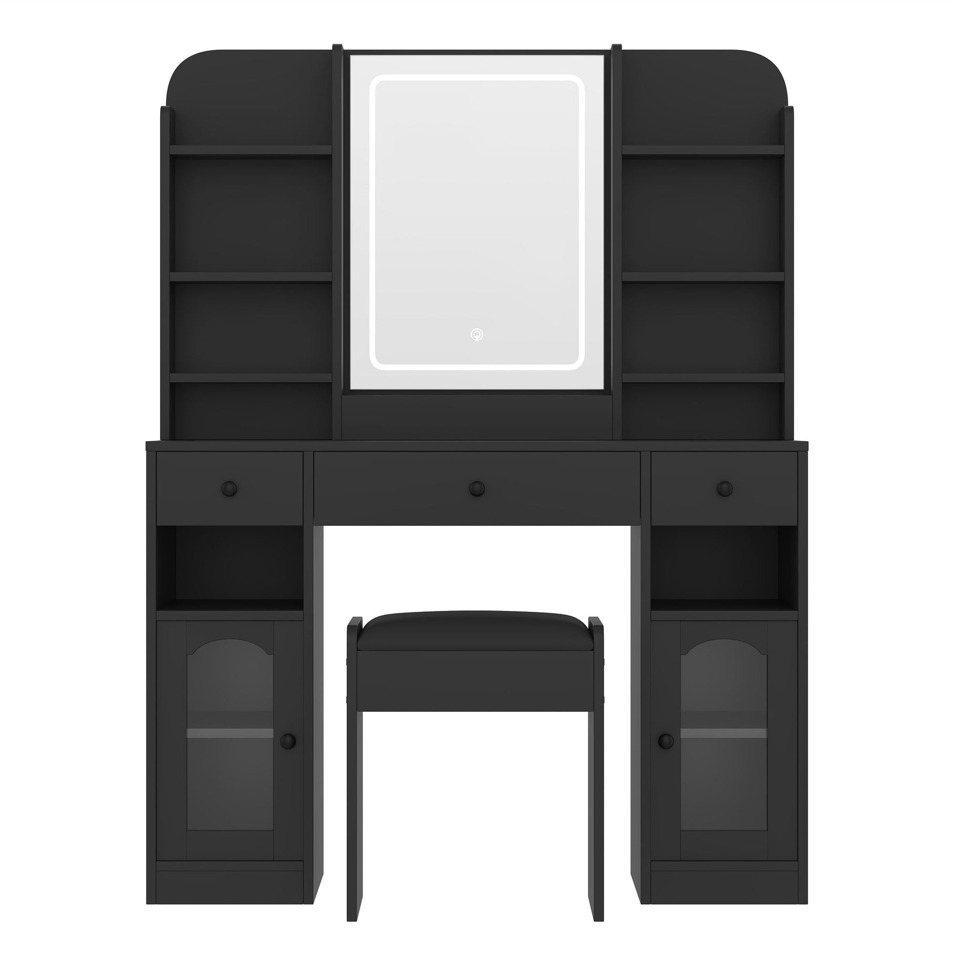 43.2" Vanity Desk with LED Mirror and Lights, Glass Top Vanity with RGB Glass Light Cabinets, Dressing Table with 3 Drawers ,Storage Shelves and Stool for Bedroom - luxuryhomedecoridea.com