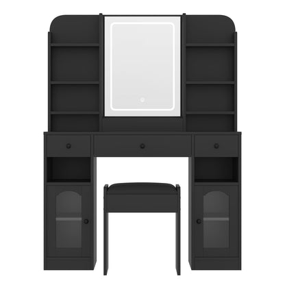 43.2" Vanity Desk with LED Mirror and Lights, Glass Top Vanity with RGB Glass Light Cabinets, Dressing Table with 3 Drawers ,Storage Shelves and Stool for Bedroom - luxuryhomedecoridea.com