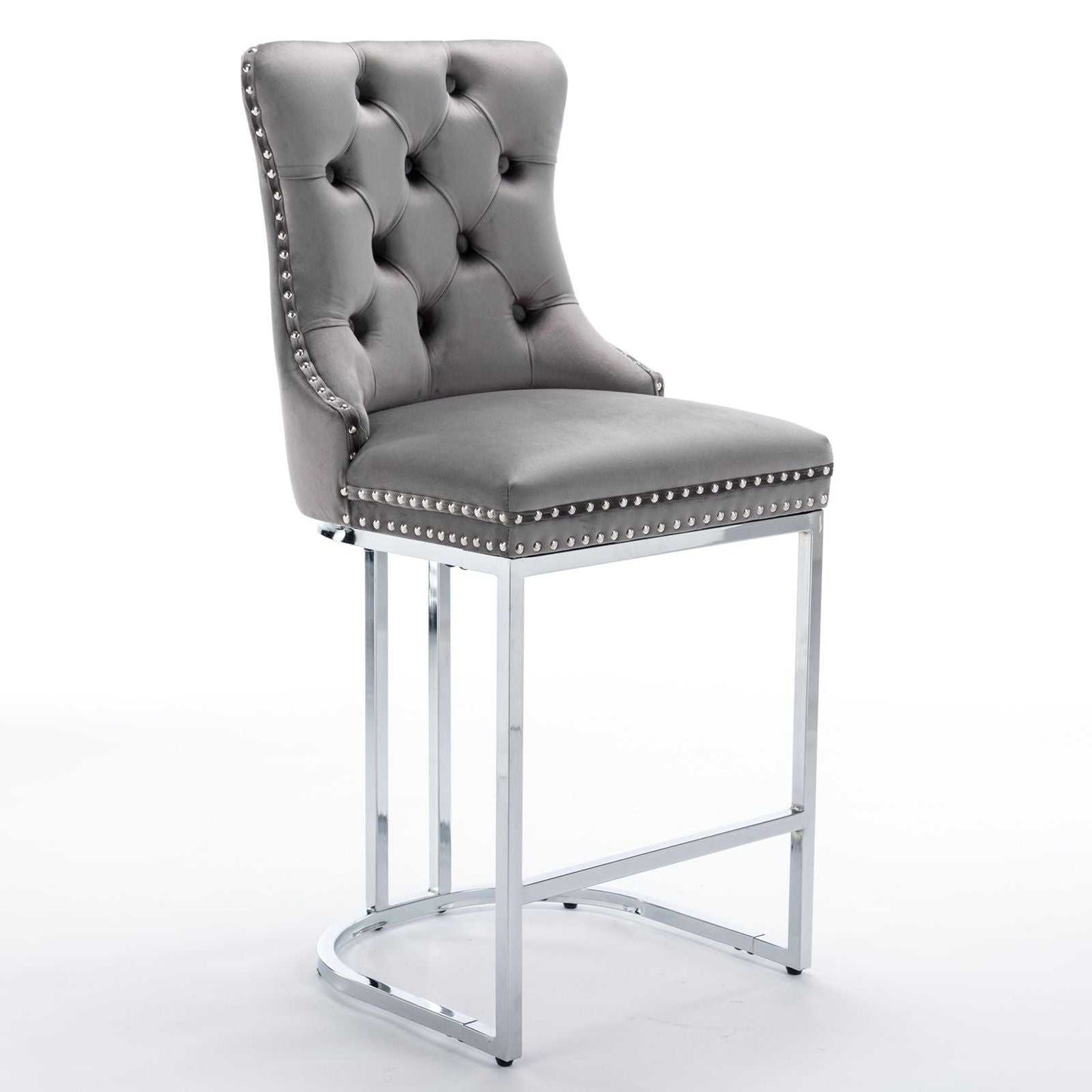 26" Counter Height Bar Stools Set of 2, Modern Velvet Barstools with Button Back&Rivet Trim Upholstered Kitchen Island Chairs with Sturdy Chromed Metal Base Legs Farmhouse Bar Stools, (Gray,2 Pack) - luxuryhomedecoridea.com
