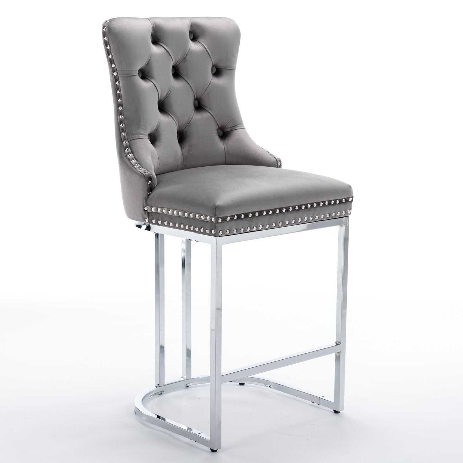26" Counter Height Bar Stools Set of 2, Modern Velvet Barstools with Button Back&Rivet Trim Upholstered Kitchen Island Chairs with Sturdy Chromed Metal Base Legs Farmhouse Bar Stools, (Gray,2 Pack) - luxuryhomedecoridea.com