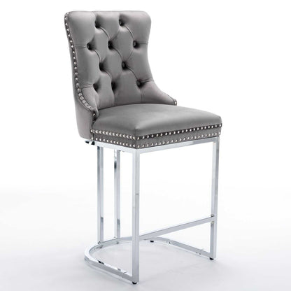 26" Counter Height Bar Stools Set of 2, Modern Velvet Barstools with Button Back&Rivet Trim Upholstered Kitchen Island Chairs with Sturdy Chromed Metal Base Legs Farmhouse Bar Stools, (Gray,2 Pack) - luxuryhomedecoridea.com