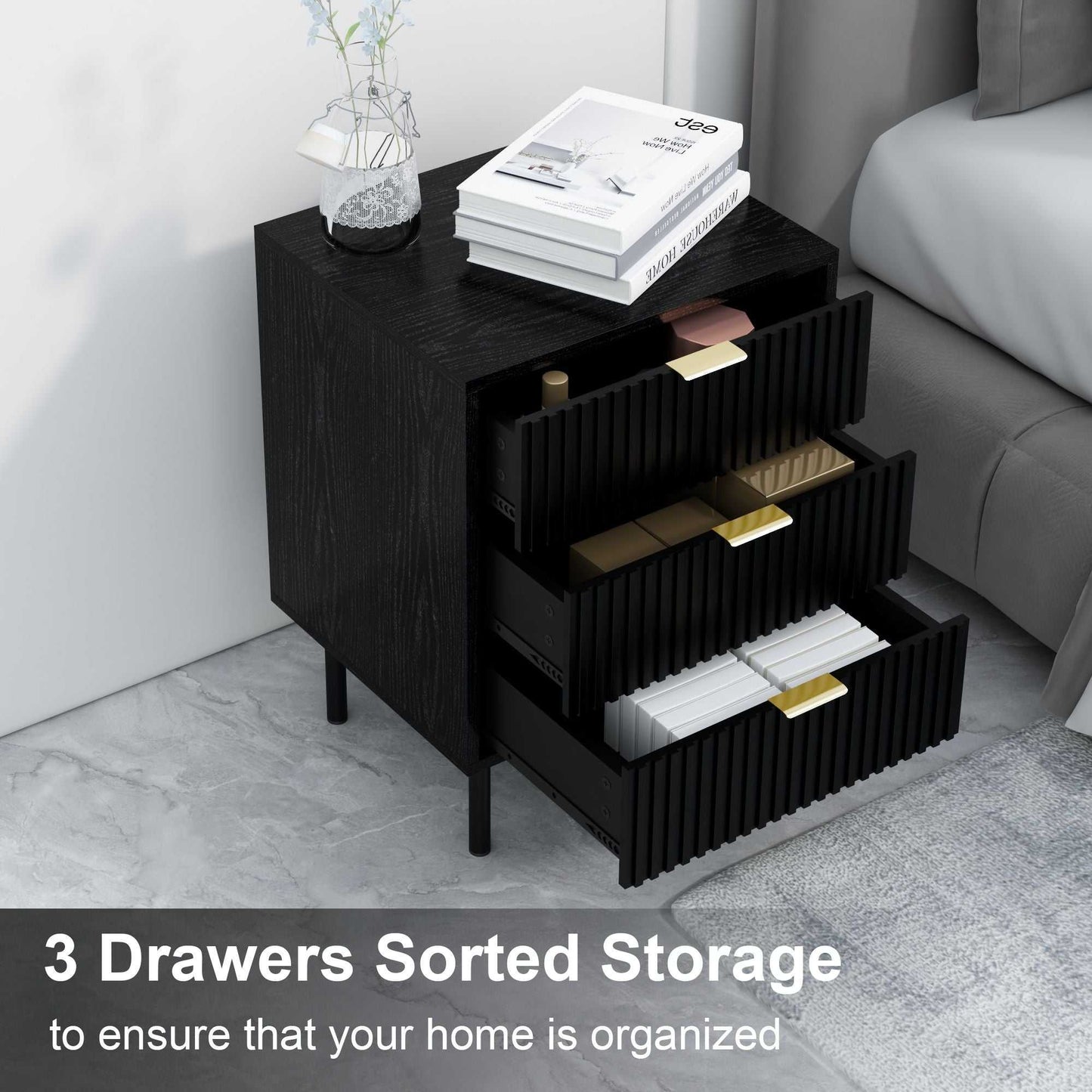 conifferism Fluted Black Nightstand 3 Drawers, Bedroom 26' Tall Bedside Night Stand, Modern Bed Side End Table Living Room, 19' Small Space Mid Century Storage Cabinet - luxuryhomedecoridea.com