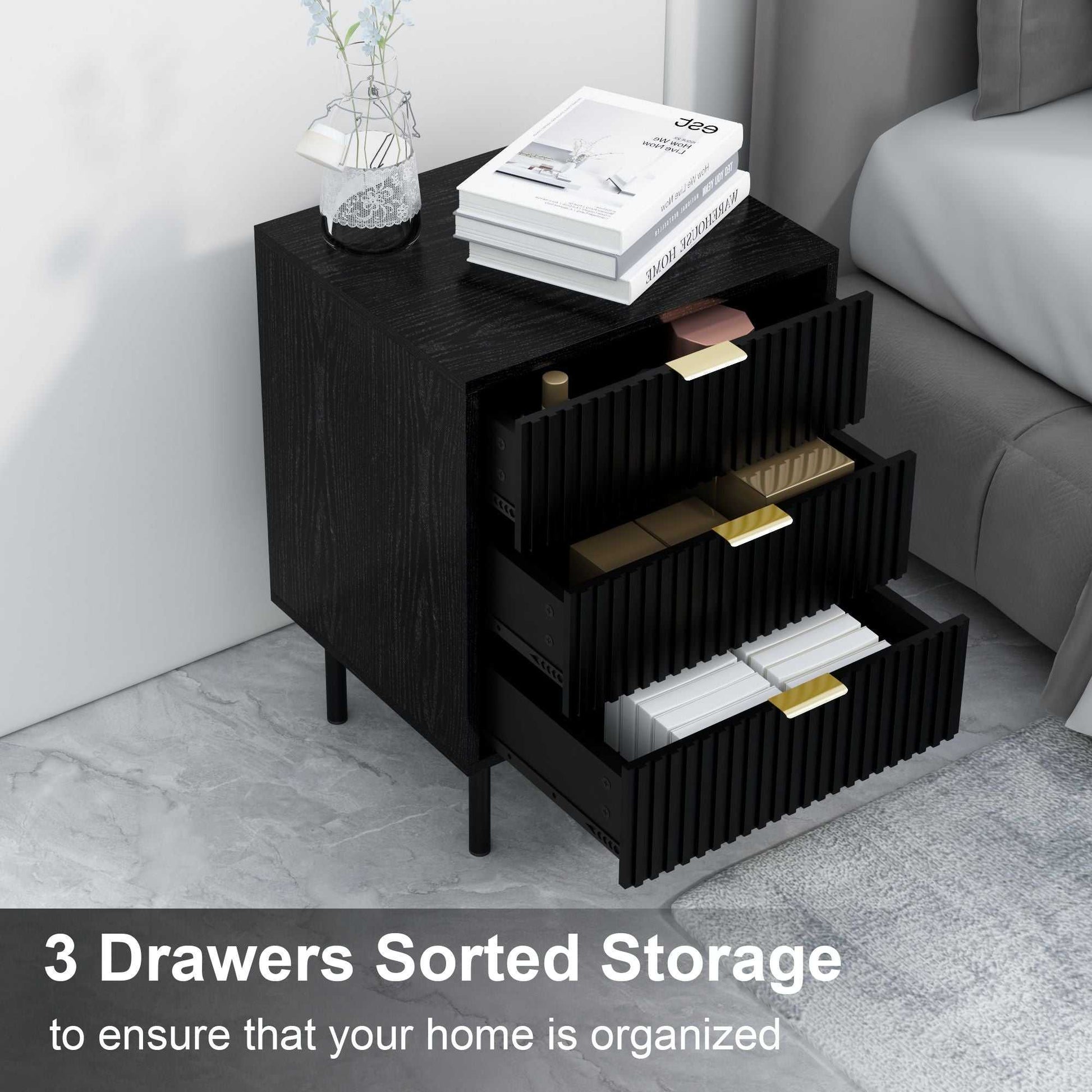 conifferism Fluted Black Nightstand 3 Drawers, Bedroom 26' Tall Bedside Night Stand, Modern Bed Side End Table Living Room, 19' Small Space Mid Century Storage Cabinet - luxuryhomedecoridea.com